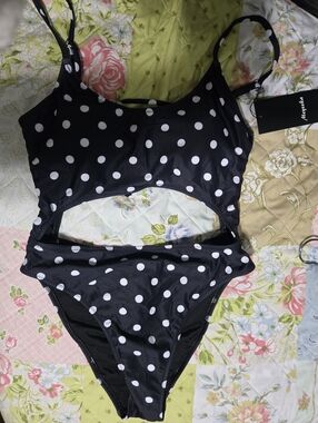 Womens Polka Dot Cutout One-Piece Swimsuit - Black & White